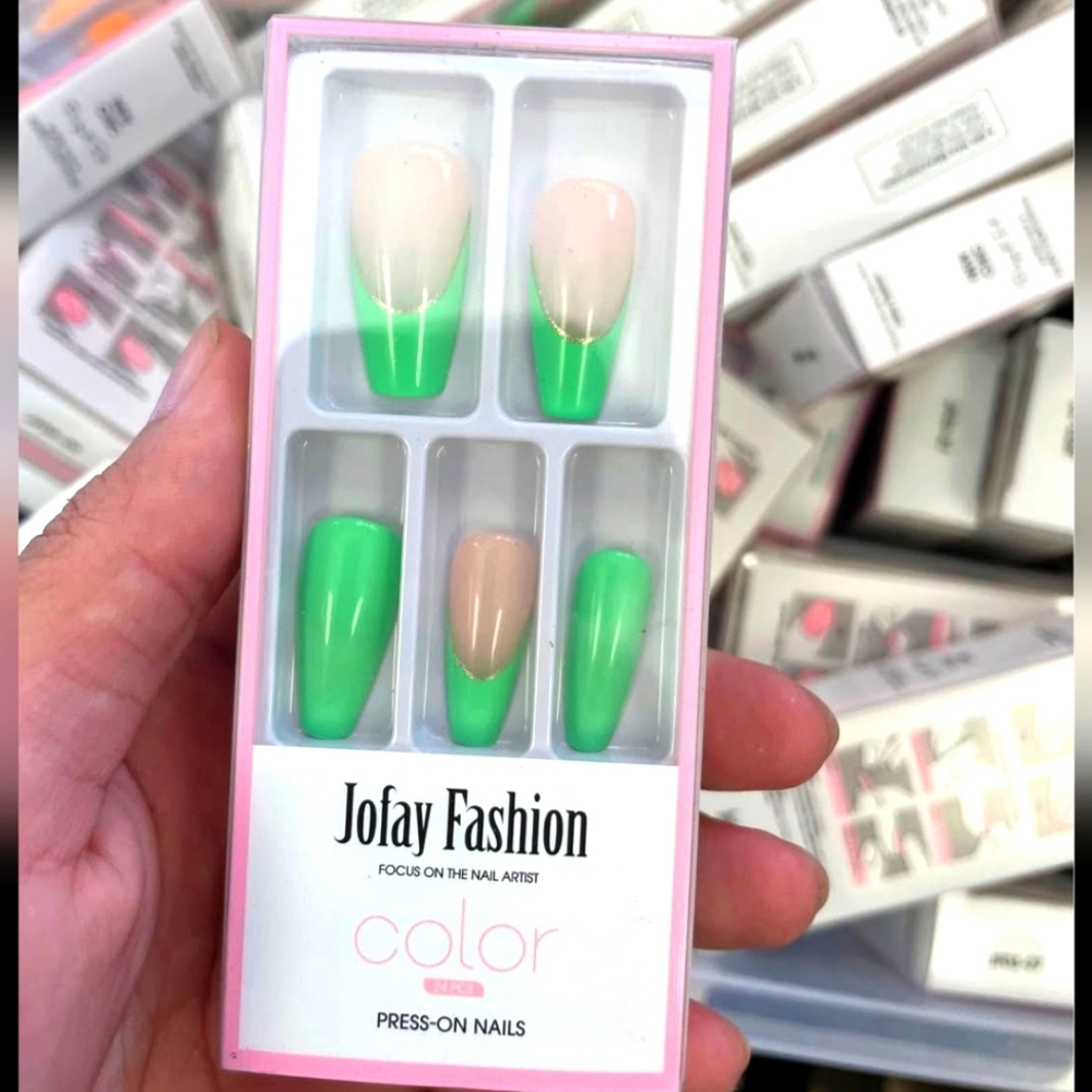 Green and Cream Press-On Nails